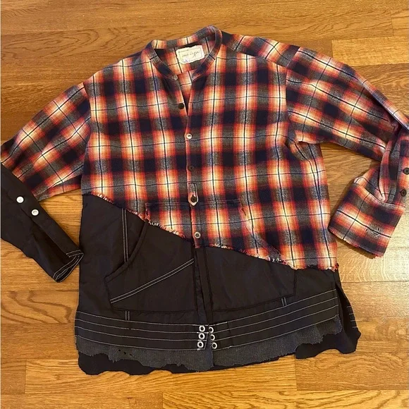 Greg Lauren - Birdwell Panelled Distressed Checked Cotton-Flannel & Nylon Shirt - Picture 3 of 15